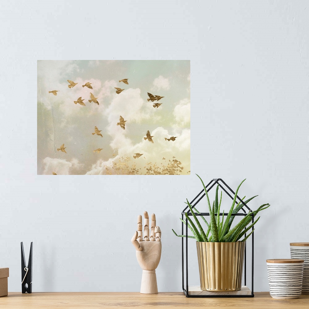 A bohemian room featuring Gold birds in flight in a cloudy sky with bright sunlight.