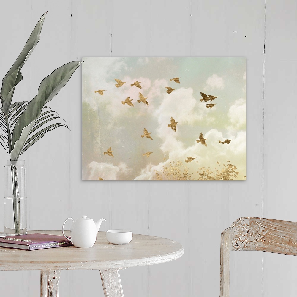 A farmhouse room featuring Gold birds in flight in a cloudy sky with bright sunlight.
