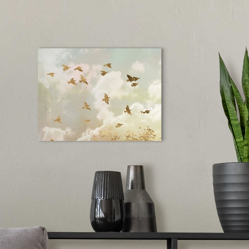 A modern room featuring Gold birds in flight in a cloudy sky with bright sunlight.