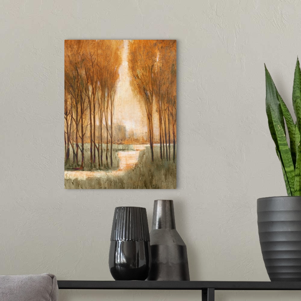 A modern room featuring A painting looking through a narrow arch to a clearing in a forest.