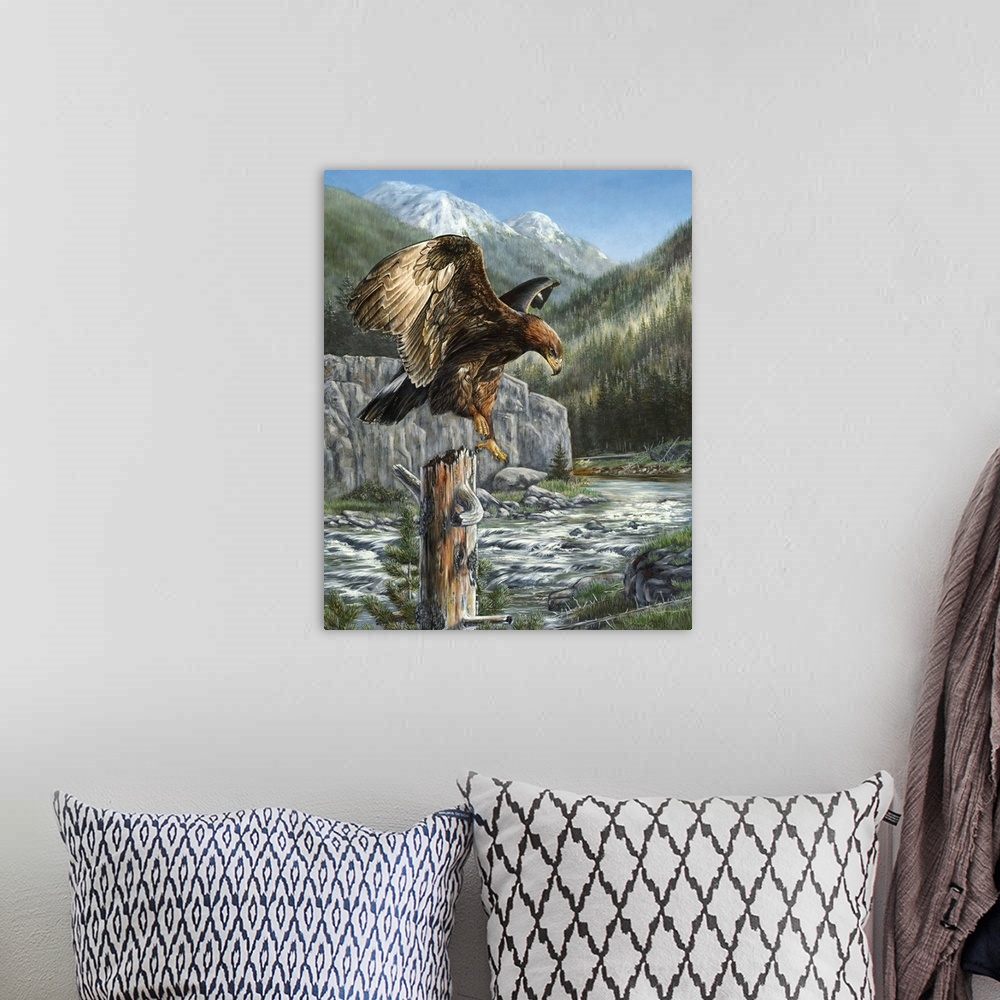 A bohemian room featuring Contemporary painting of a golden eagle perched atop a dead tree.
