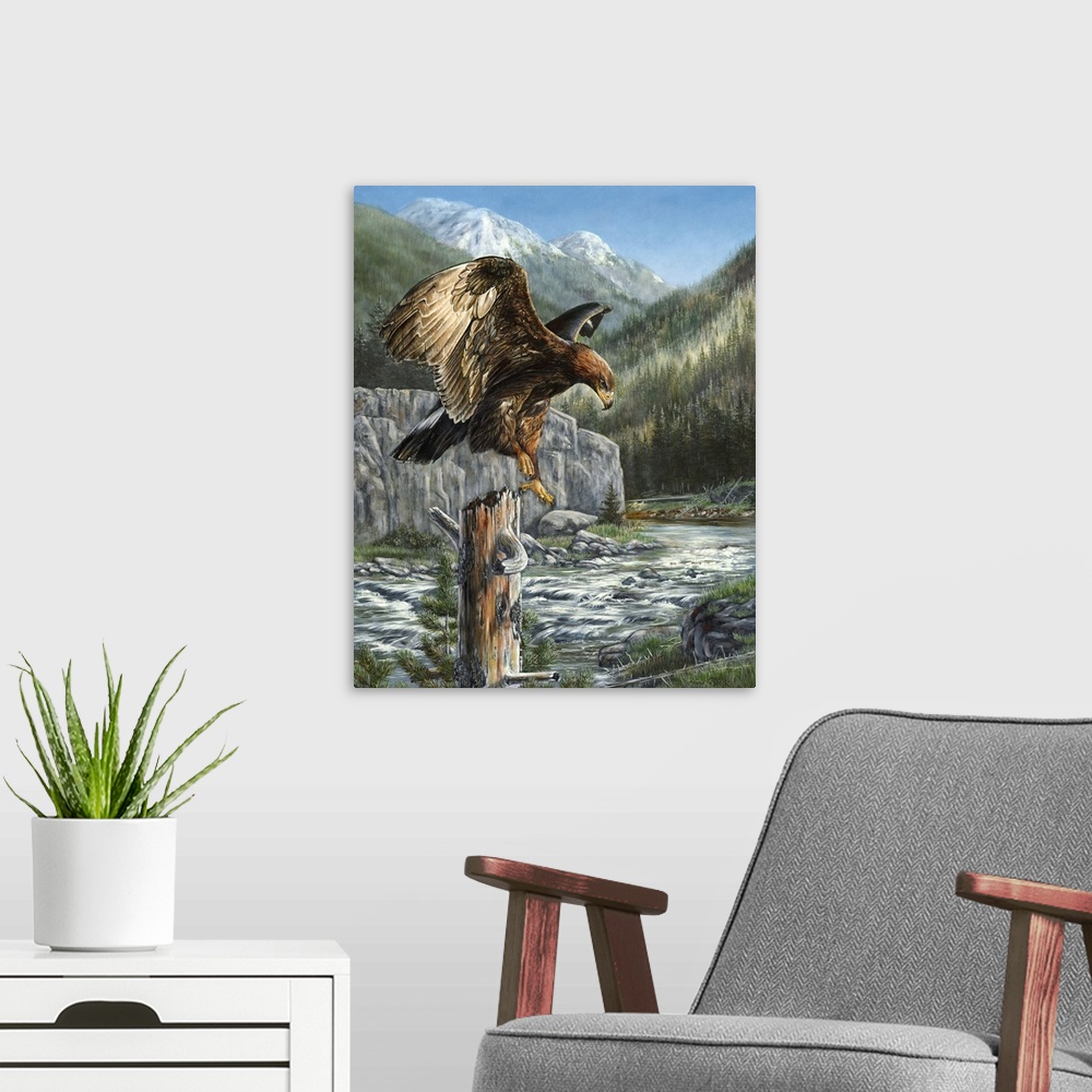 A modern room featuring Contemporary painting of a golden eagle perched atop a dead tree.