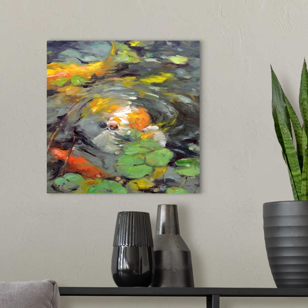 A modern room featuring Contemporary painting of koi in a pond.