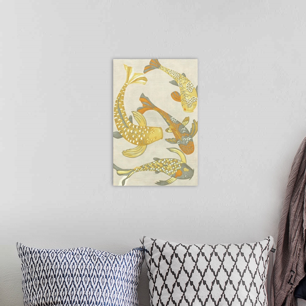 A bohemian room featuring Contemporary painting of a gold koi fish against a neutral background.