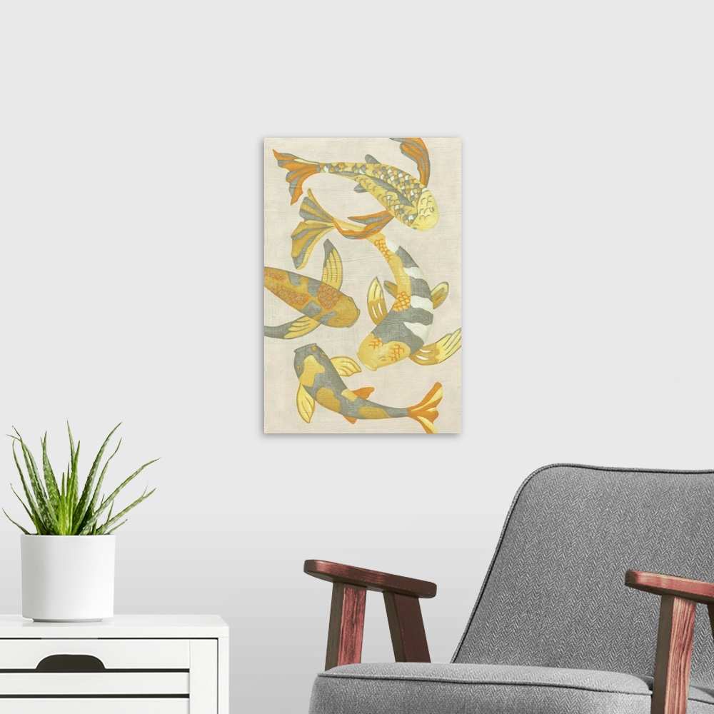 A modern room featuring Contemporary painting of a gold koi fish against a neutral background.