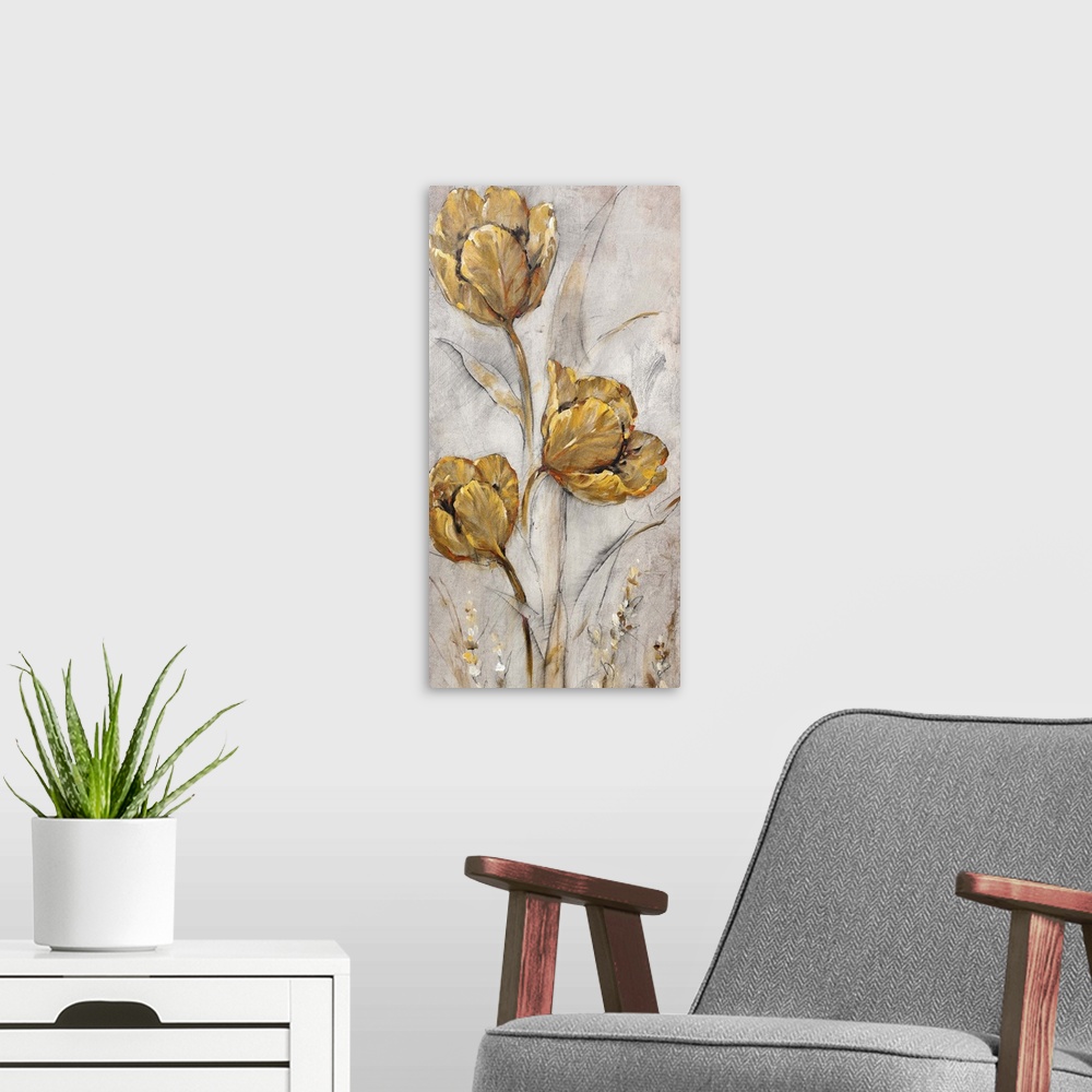 A modern room featuring Golden Poppies on Taupe II
