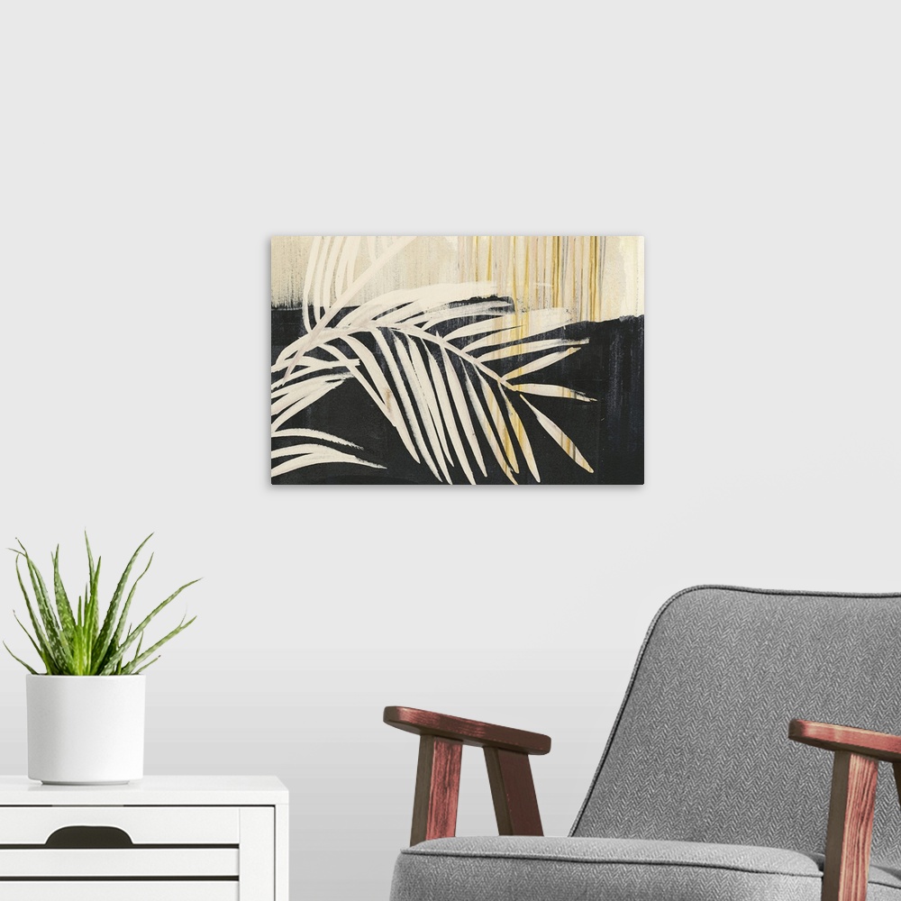 A modern room featuring Horizontal artwork of large palm leaves in beige tones with gold accents on black.