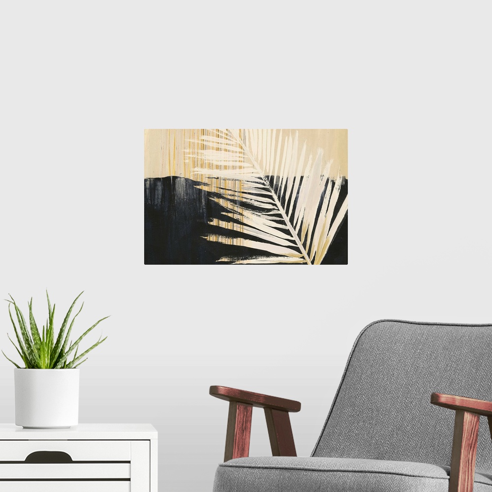 A modern room featuring Horizontal artwork of large palm leaves in beige tones with gold accents on black.