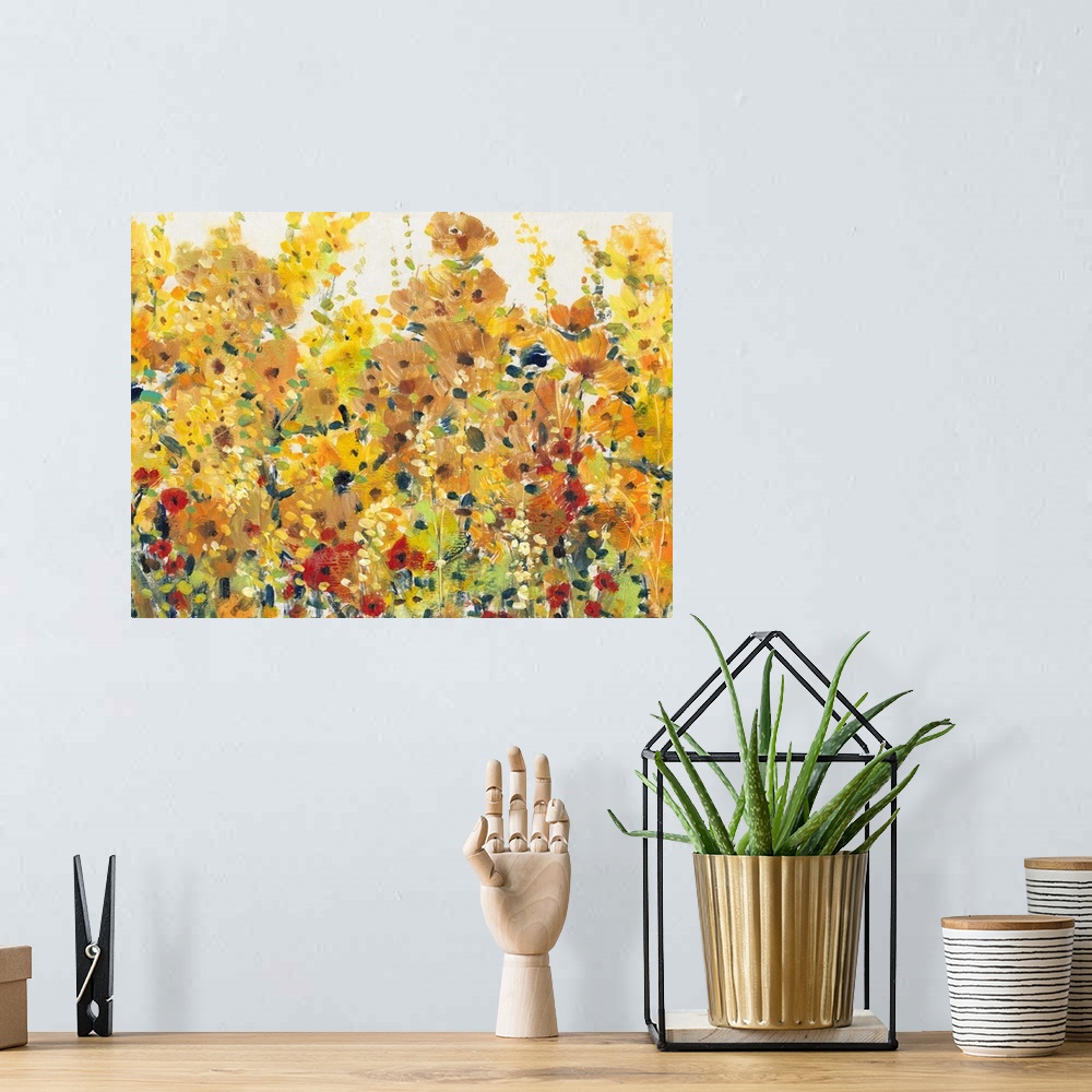 A bohemian room featuring Contemporary painting of a summer garden full of blooming orange and yellow flowers.