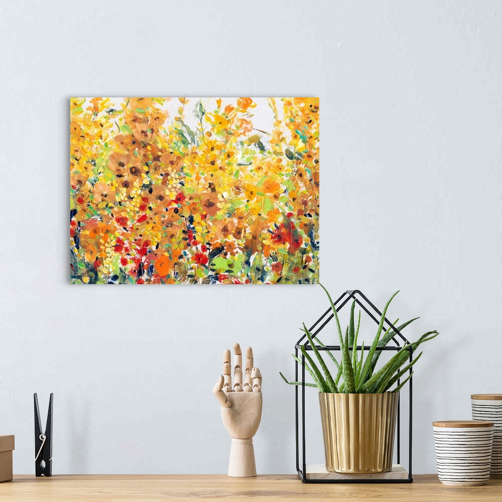 A bohemian room featuring Contemporary painting of a summer garden full of blooming orange and yellow flowers.