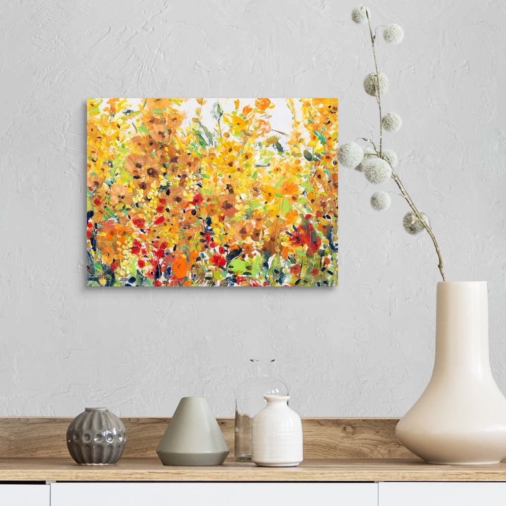 A farmhouse room featuring Contemporary painting of a summer garden full of blooming orange and yellow flowers.
