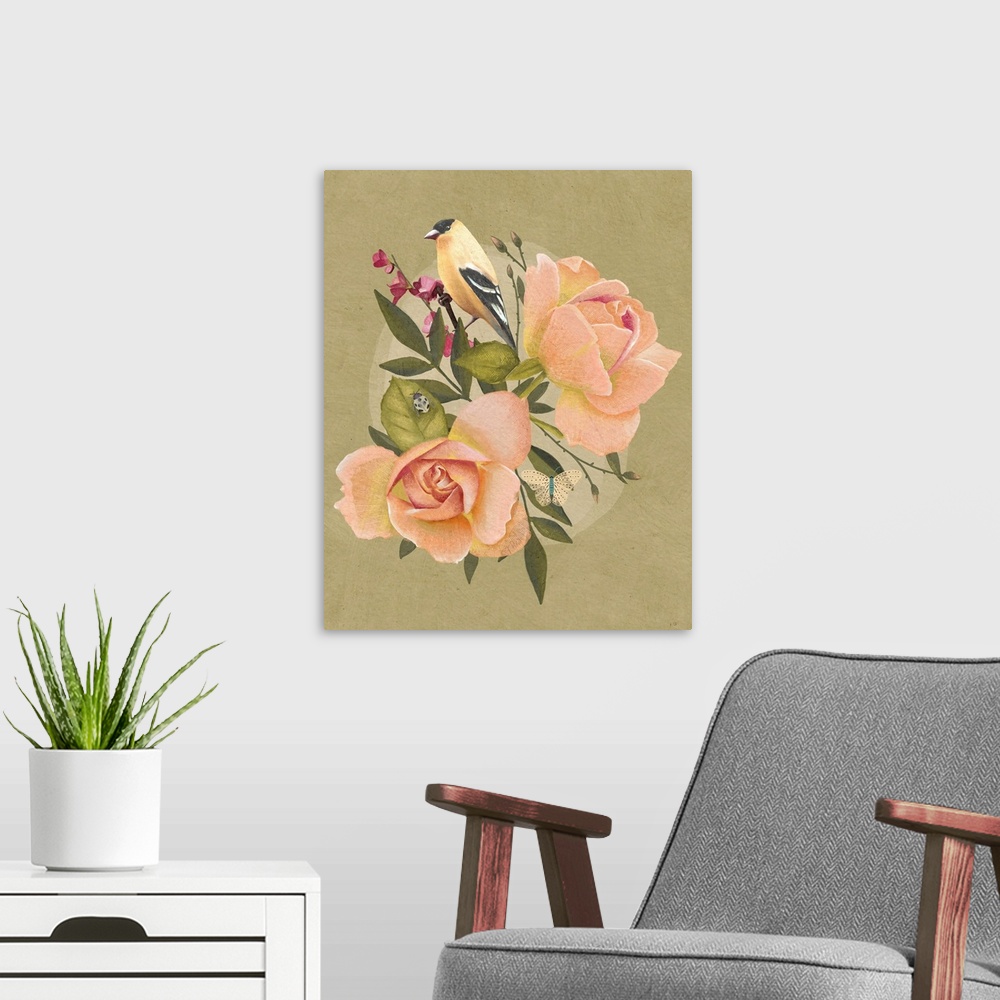 A modern room featuring Goldfinch And Flowers I