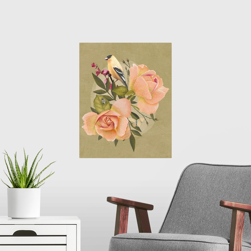 A modern room featuring Goldfinch And Flowers I