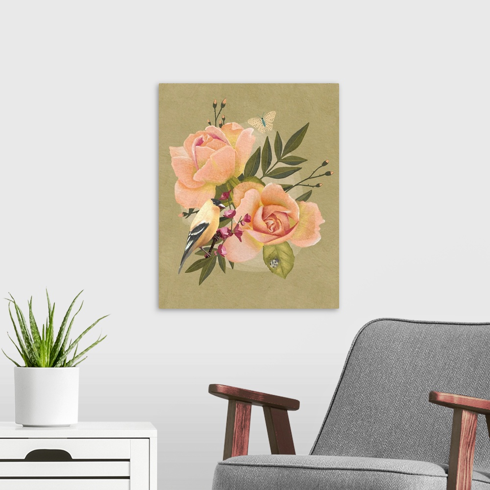 A modern room featuring Goldfinch And Flowers II