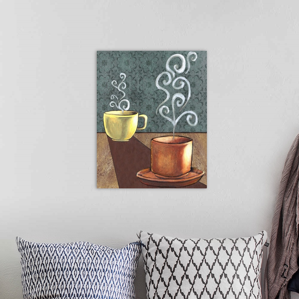 A bohemian room featuring Contemporary artwork of two steaming cups of coffee.