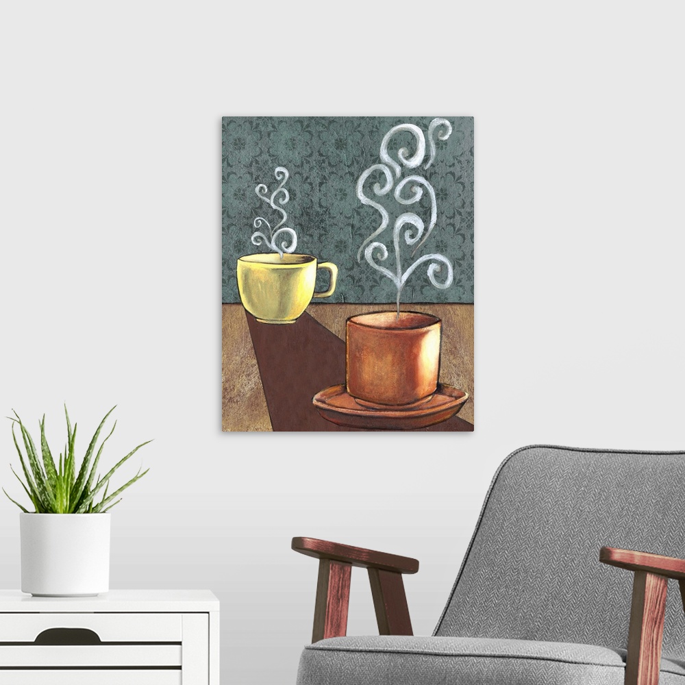 A modern room featuring Contemporary artwork of two steaming cups of coffee.