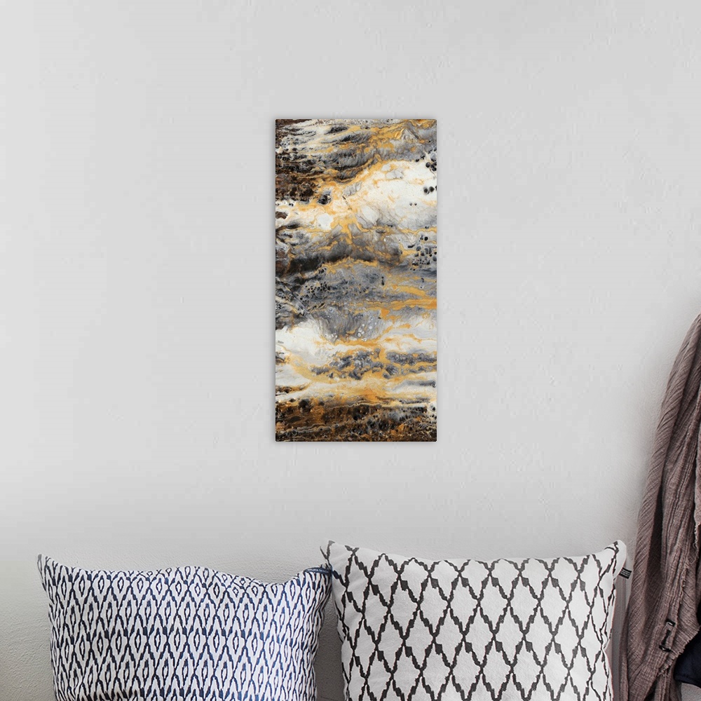 A bohemian room featuring Contemporary abstract artwork in earth tones resembling layers of sediment in rock.