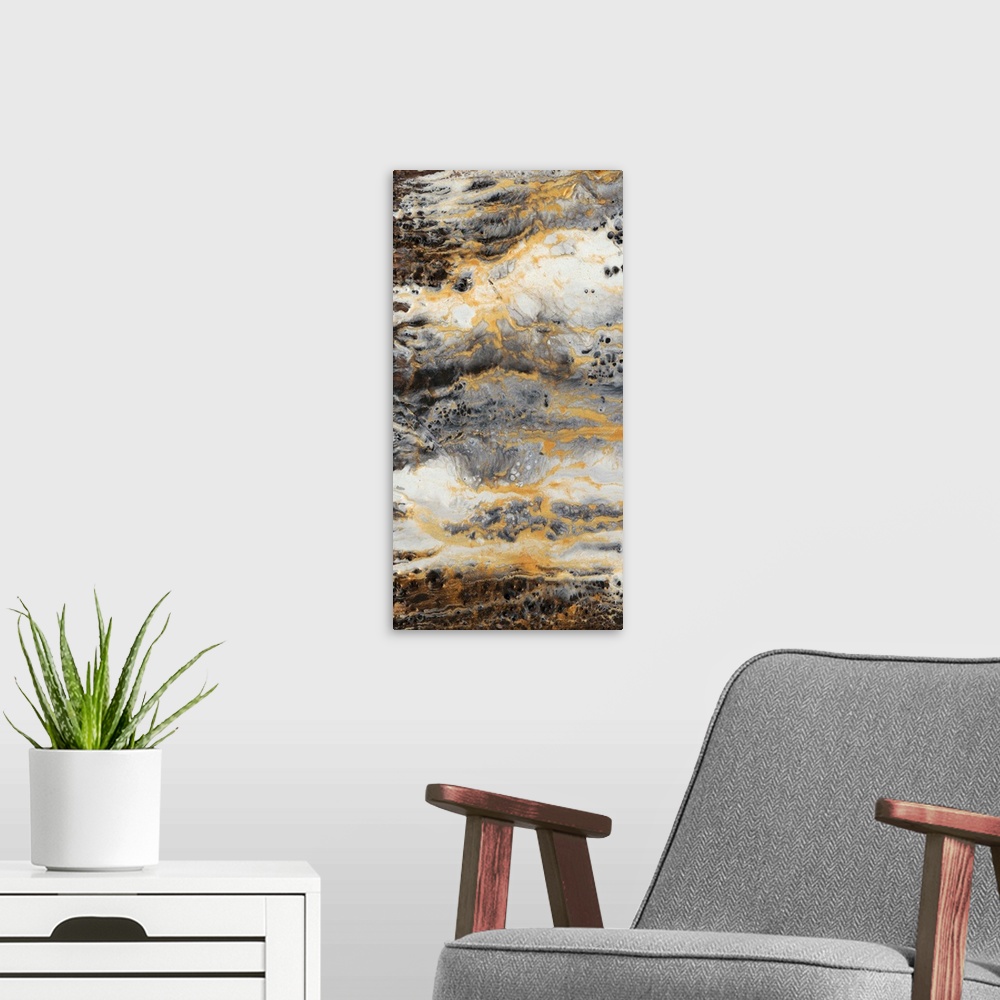 A modern room featuring Contemporary abstract artwork in earth tones resembling layers of sediment in rock.