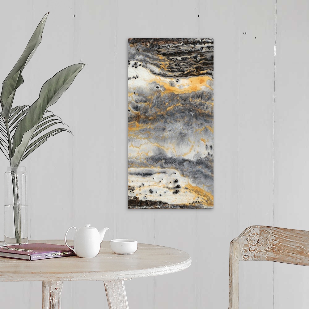 A farmhouse room featuring Contemporary abstract artwork in earth tones resembling layers of sediment in rock.