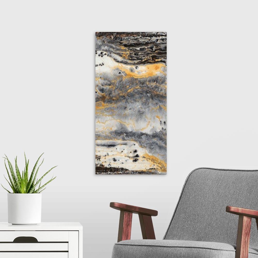 A modern room featuring Contemporary abstract artwork in earth tones resembling layers of sediment in rock.
