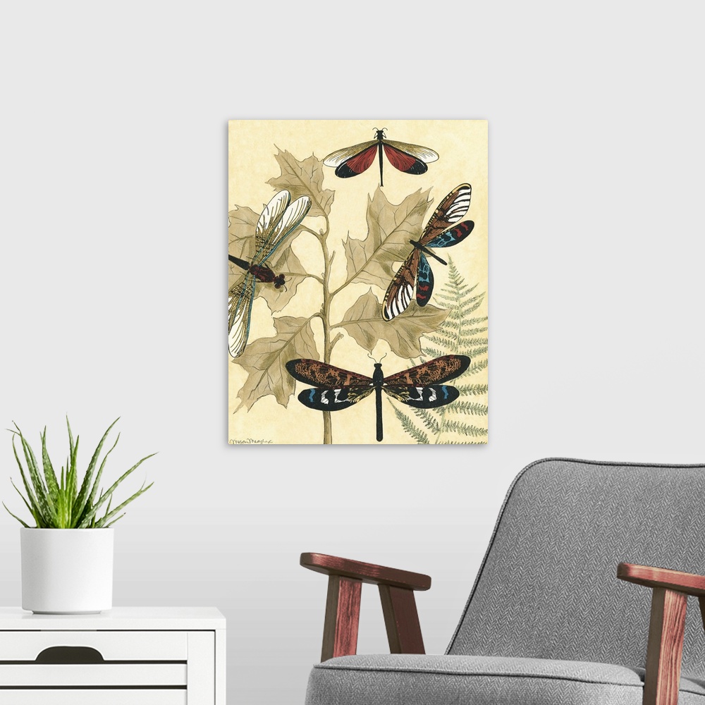 A modern room featuring Graphic Dragonflies in Nature I