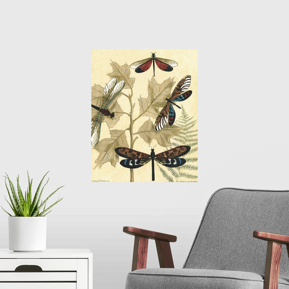 A modern room featuring Graphic Dragonflies in Nature I