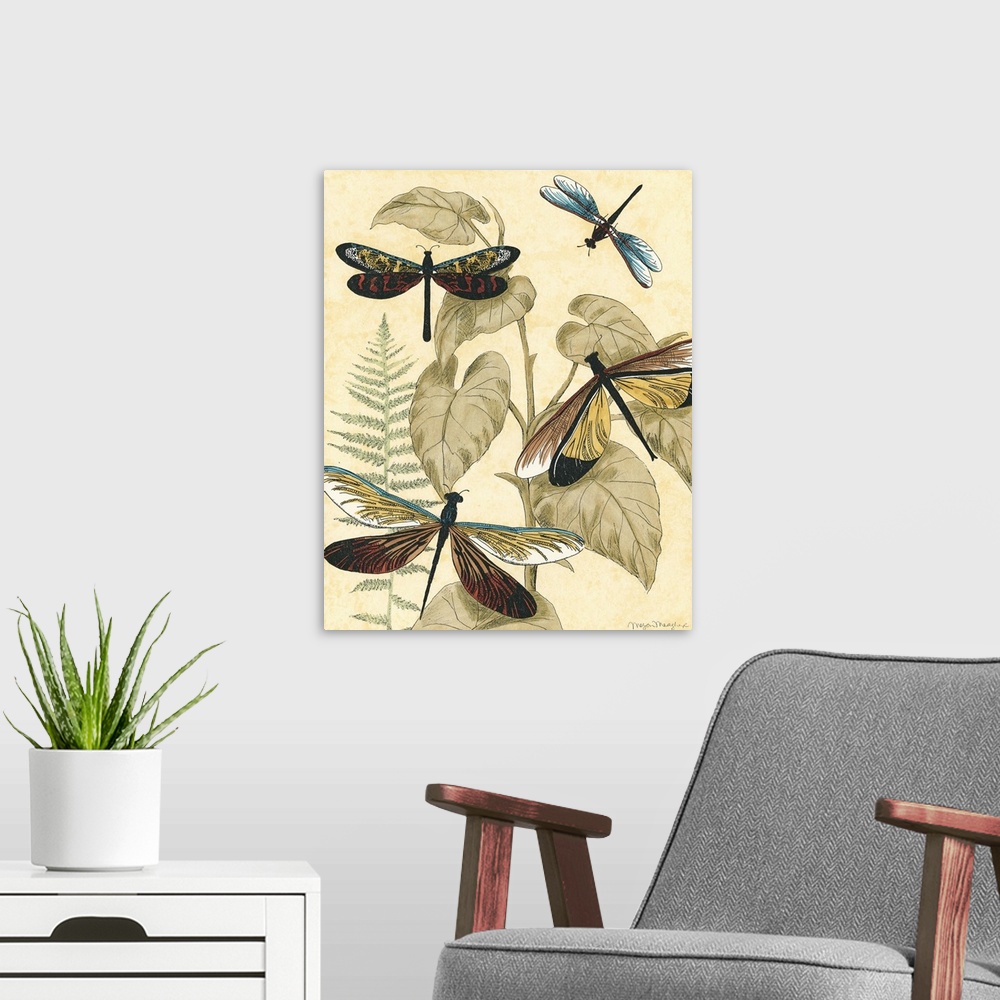 A modern room featuring Graphic Dragonflies in Nature II