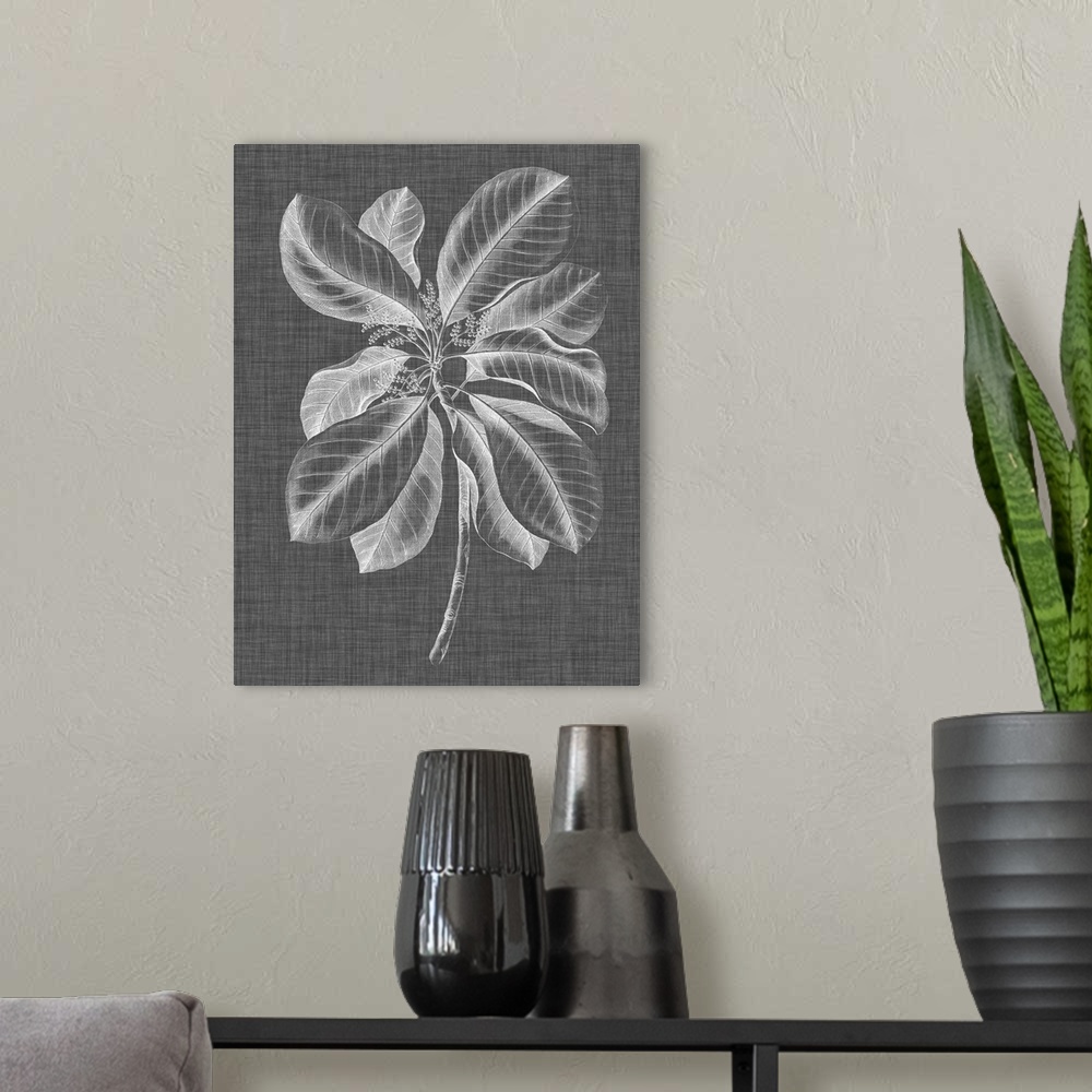 A modern room featuring Black, white, and gray illustrated foliage on a vertical background.