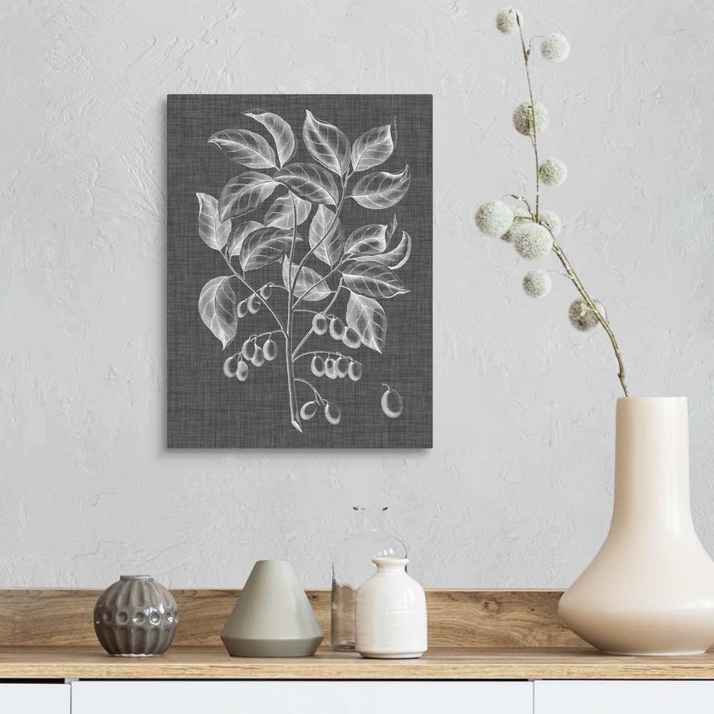 A farmhouse room featuring Black, white, and gray illustrated foliage on a vertical background.
