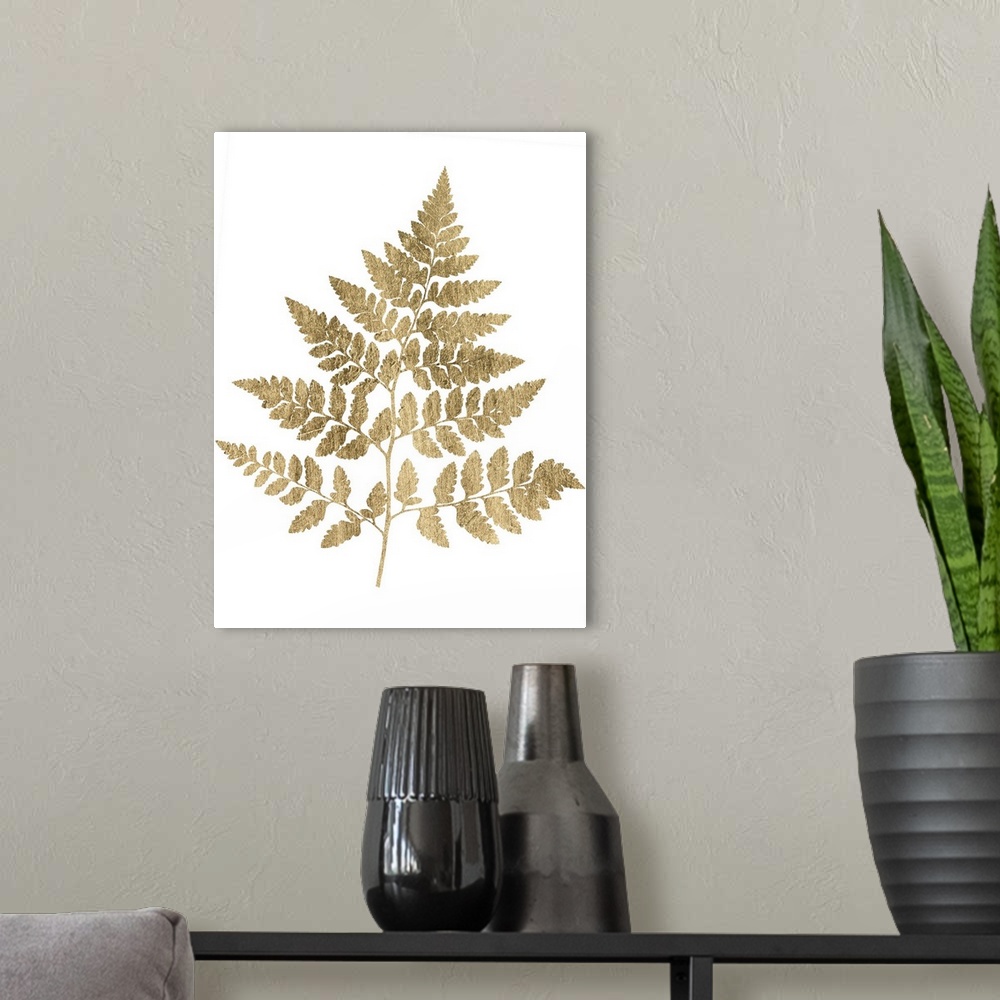 A modern room featuring Contemporary artwork of a gold fern frond against a white background.