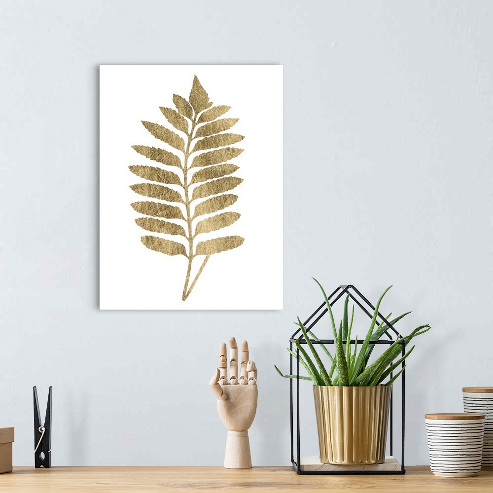 A bohemian room featuring Contemporary artwork of a gold fern frond against a white background.