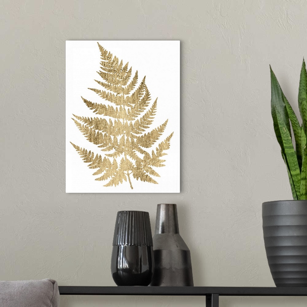 A modern room featuring Contemporary artwork of a gold fern frond against a white background.