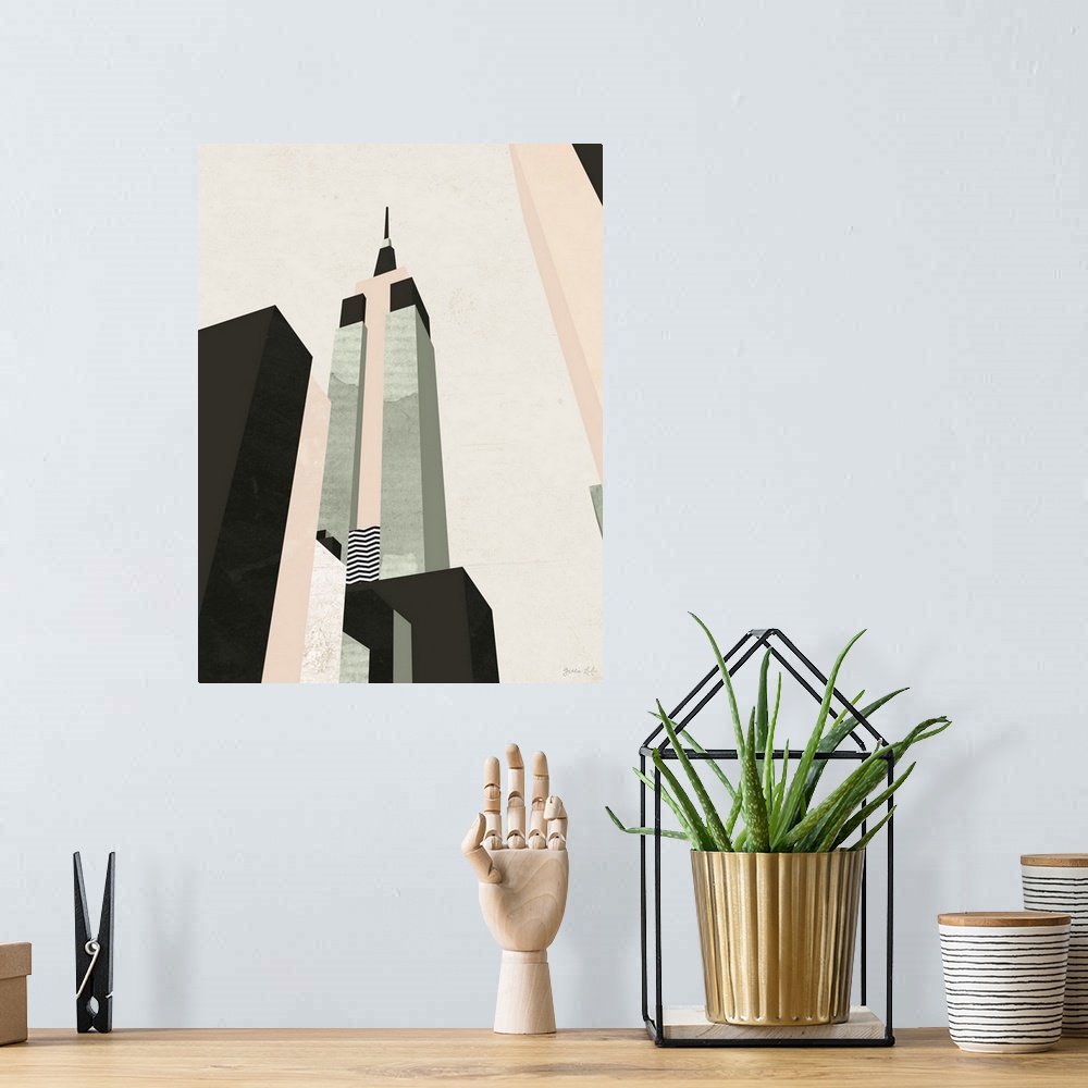 A bohemian room featuring Minimalist geometric artwork in black and pale pink of the stylized Empire State Building.