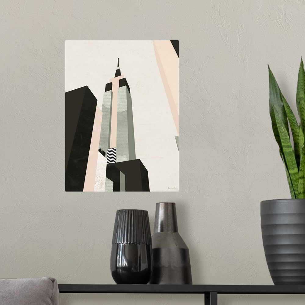A modern room featuring Minimalist geometric artwork in black and pale pink of the stylized Empire State Building.