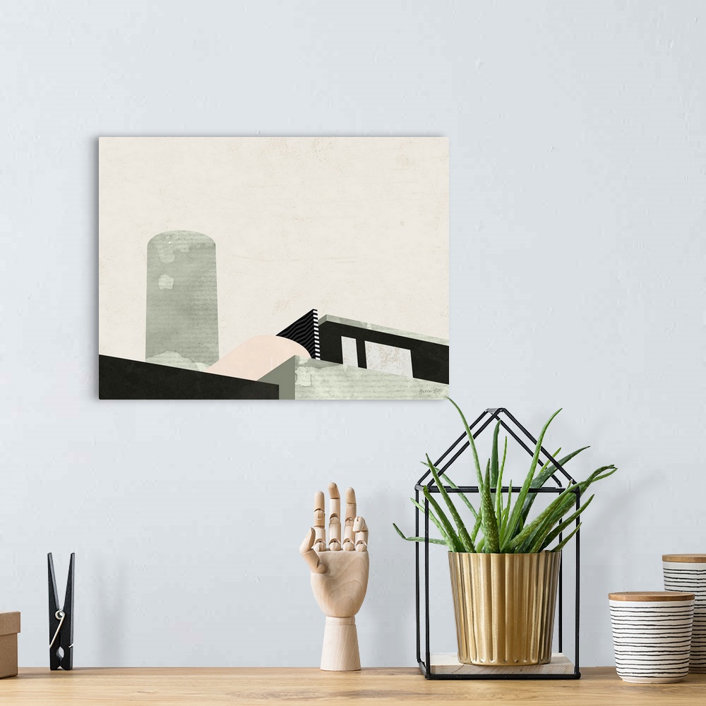 A bohemian room featuring Minimalist geometric artwork in black and pale pink of stylized New York City buildings.