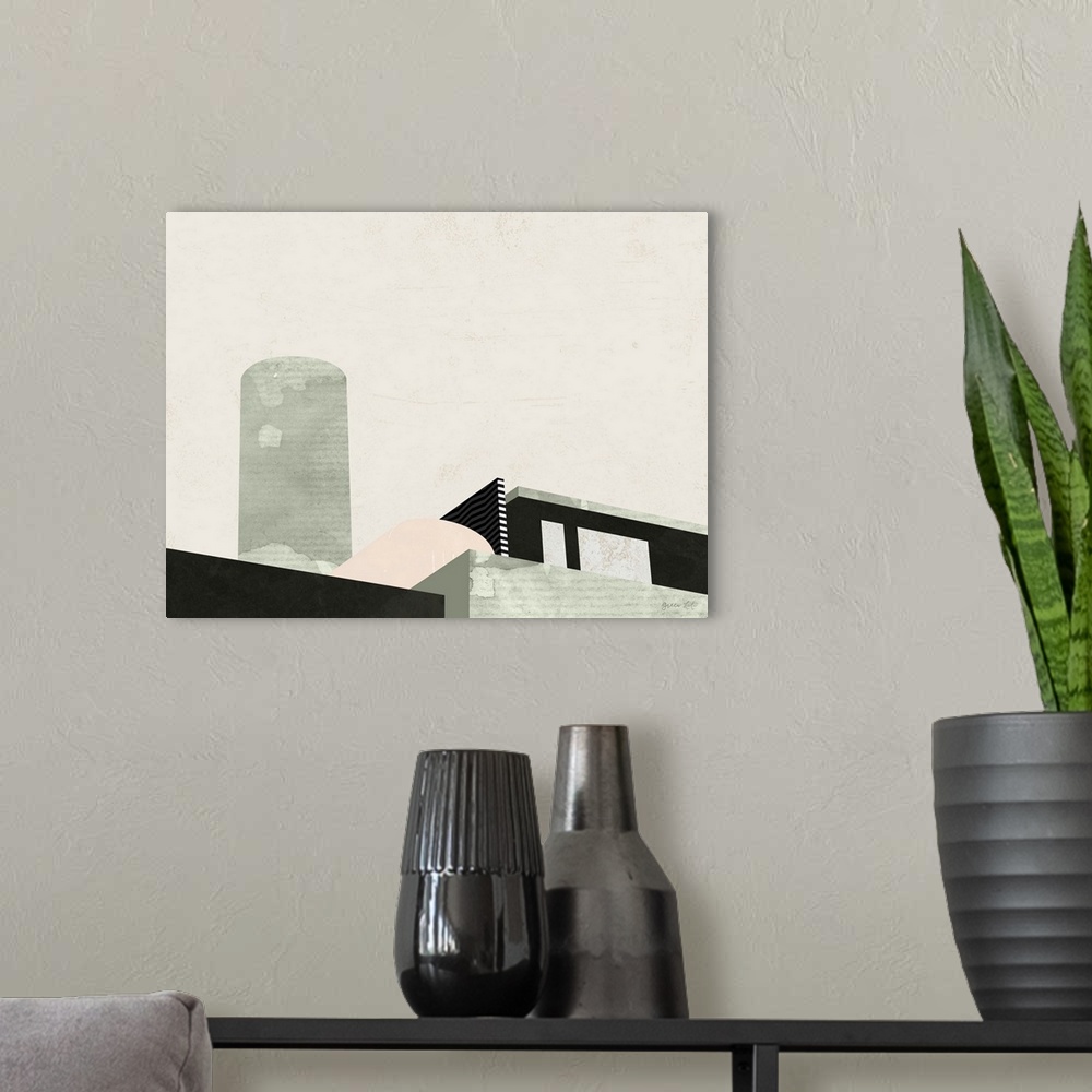 A modern room featuring Minimalist geometric artwork in black and pale pink of stylized New York City buildings.