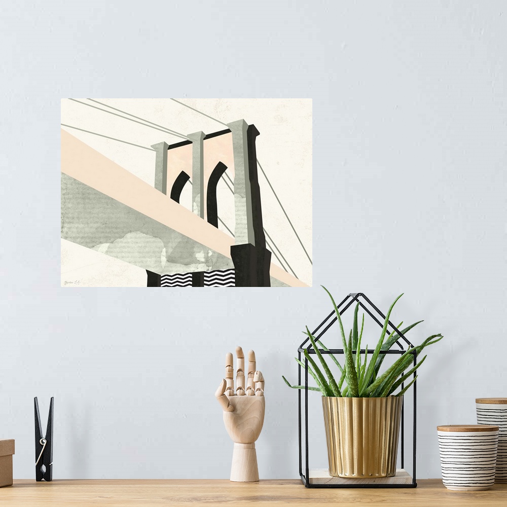 A bohemian room featuring Minimalist geometric artwork in black and pale pink of the stylized Brooklyn Bridge.