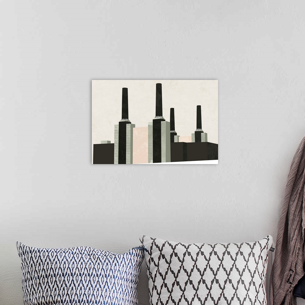 A bohemian room featuring Minimalist geometric artwork in black and pale pink of stylized New York City buildings.