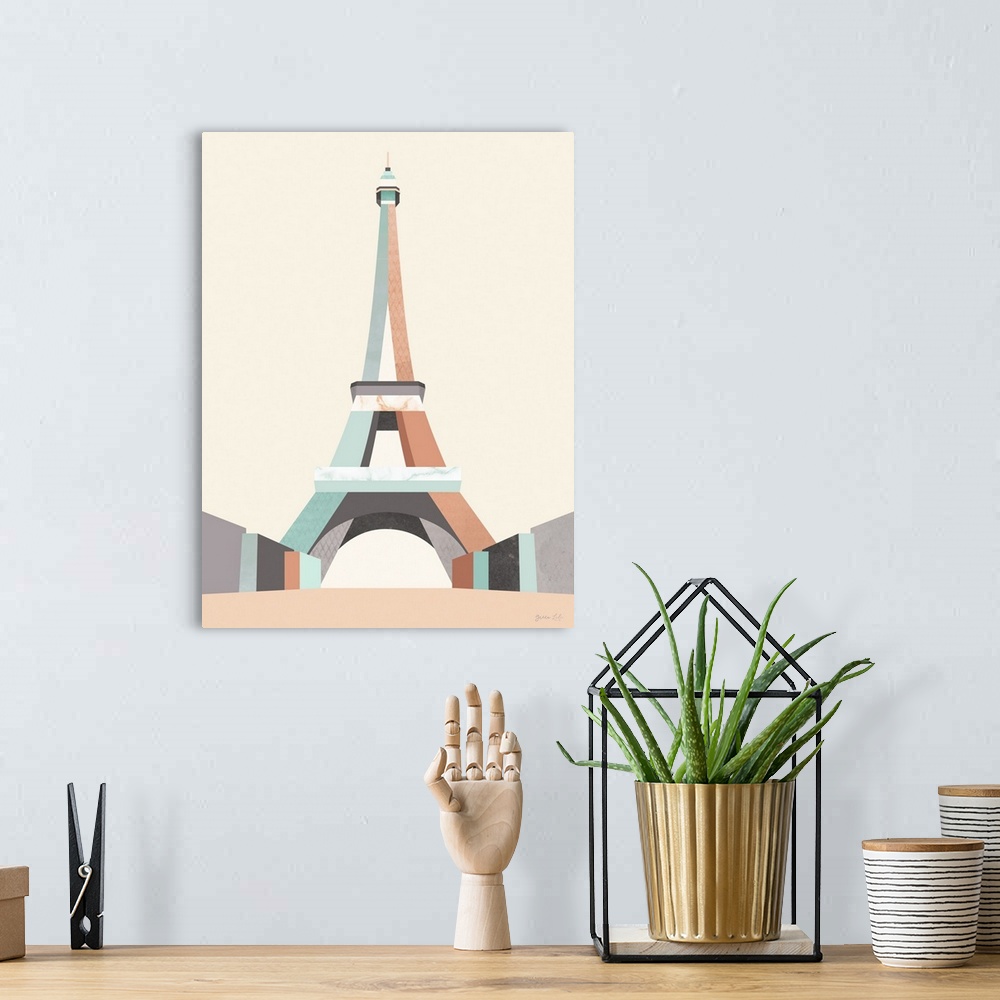 A bohemian room featuring Minimalist geometric artwork in blue and coral of a stylized Eiffel Tower.