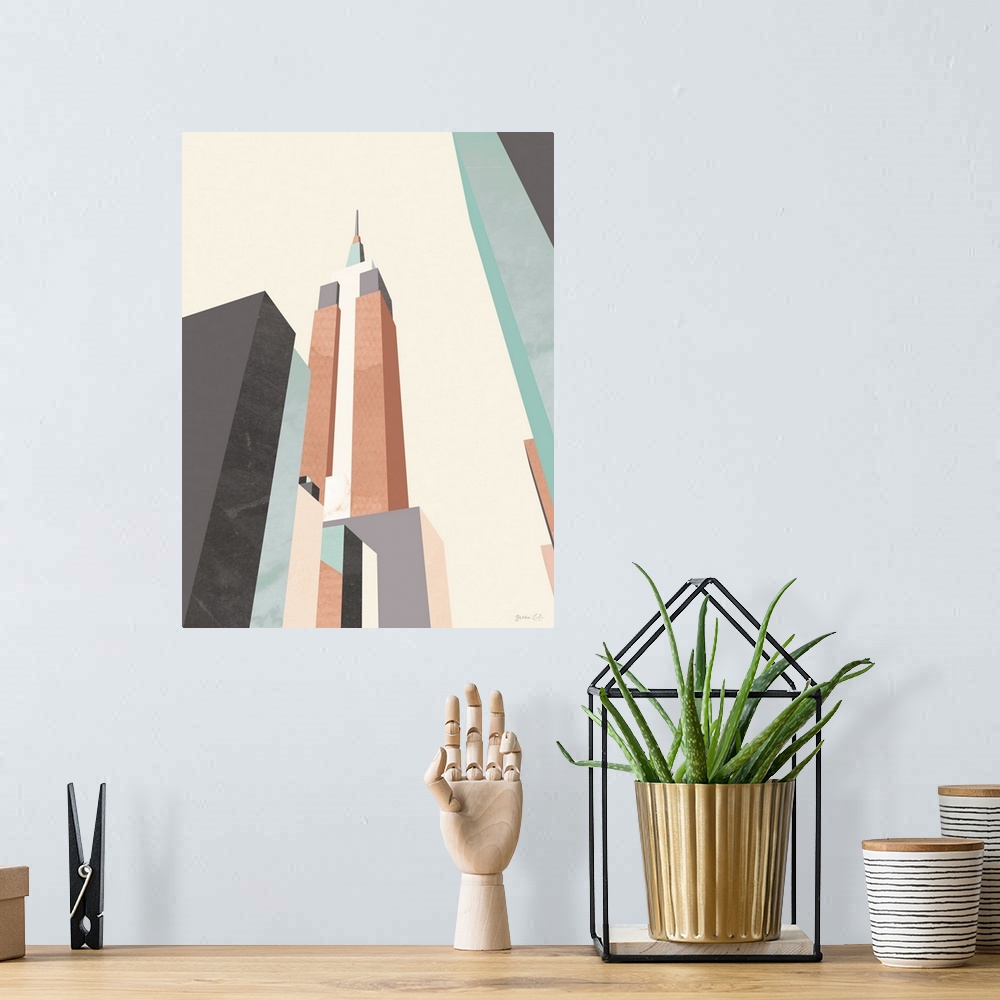 A bohemian room featuring Minimalist geometric artwork in blue and coral of a stylized Empire State Building.