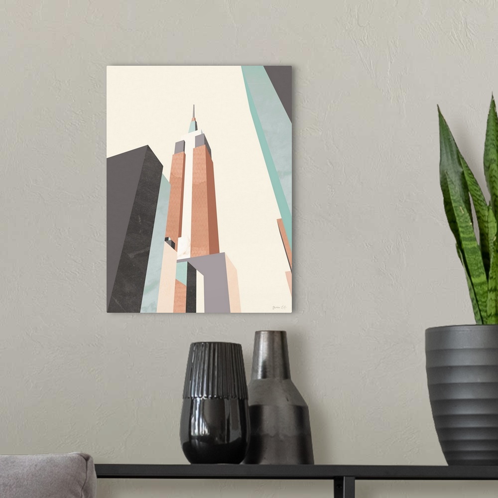 A modern room featuring Minimalist geometric artwork in blue and coral of a stylized Empire State Building.
