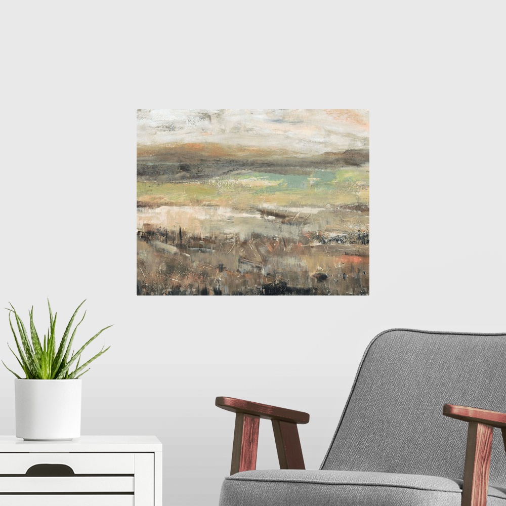 A modern room featuring An abstract landscape painting of a field done if textured tones of brown, green and cream.