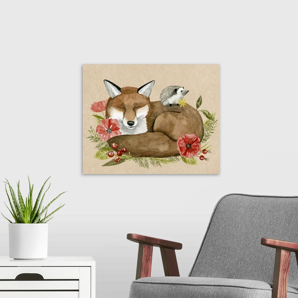 A modern room featuring Whimsical painting of a hedgehog sitting on top of a resting fox, surrounded by red flowers and b...