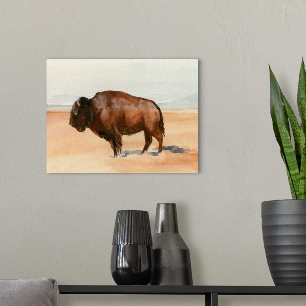 A modern room featuring Grazing Bison I