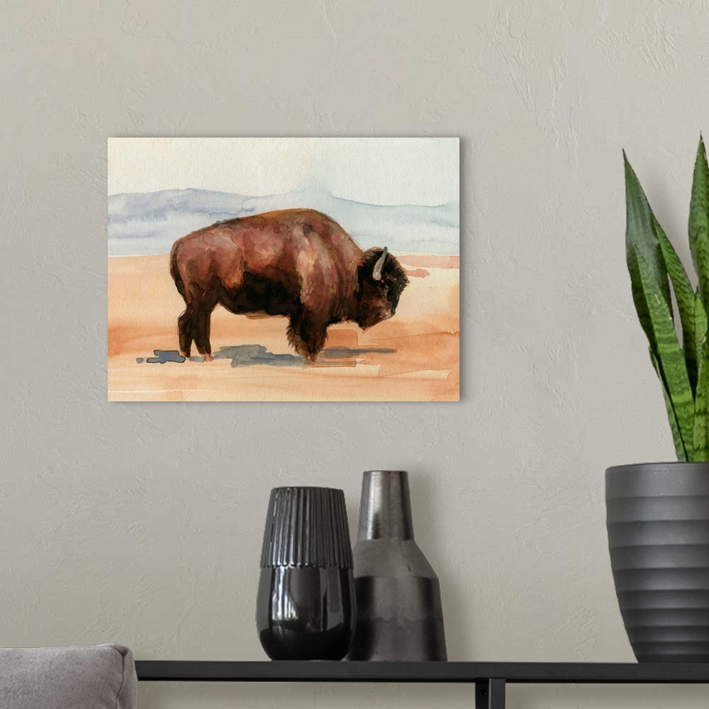 A modern room featuring Grazing Bison II