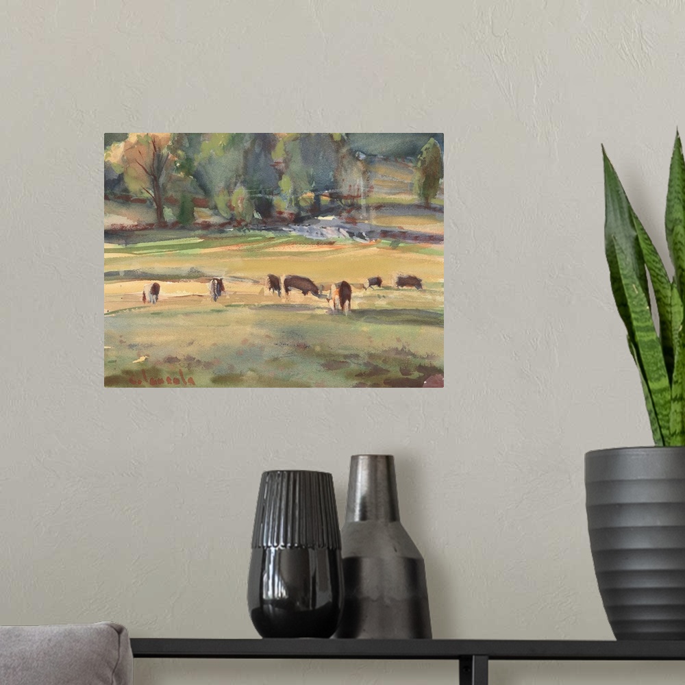 A modern room featuring Grazing Cows Watercolor