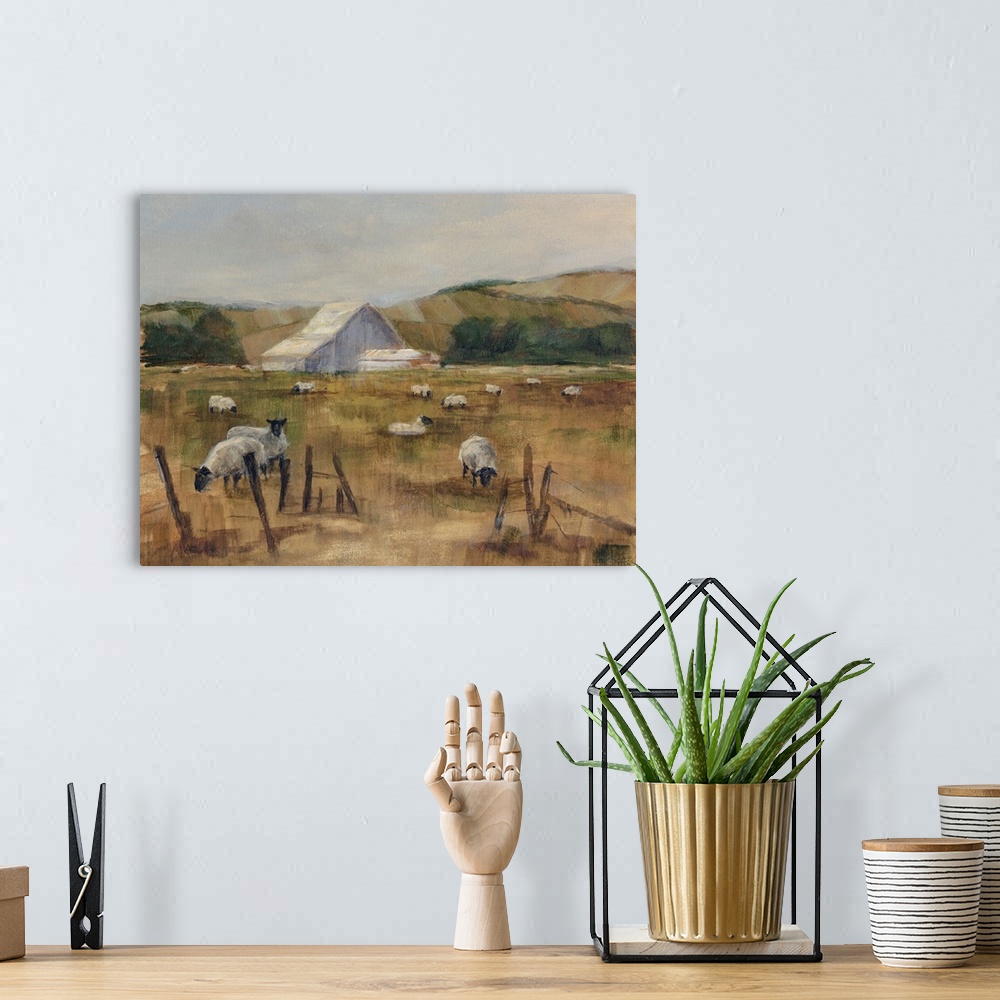 A bohemian room featuring Contemporary artwork of a flock of sheep near a white barn in low afternoon light.