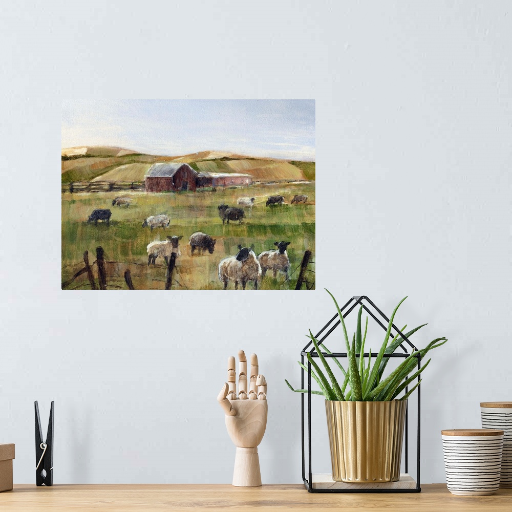 A bohemian room featuring Contemporary artwork of a flock of sheep near a red barn in low afternoon light.