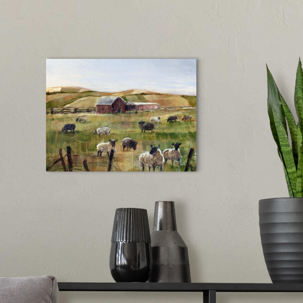 A modern room featuring Contemporary artwork of a flock of sheep near a red barn in low afternoon light.