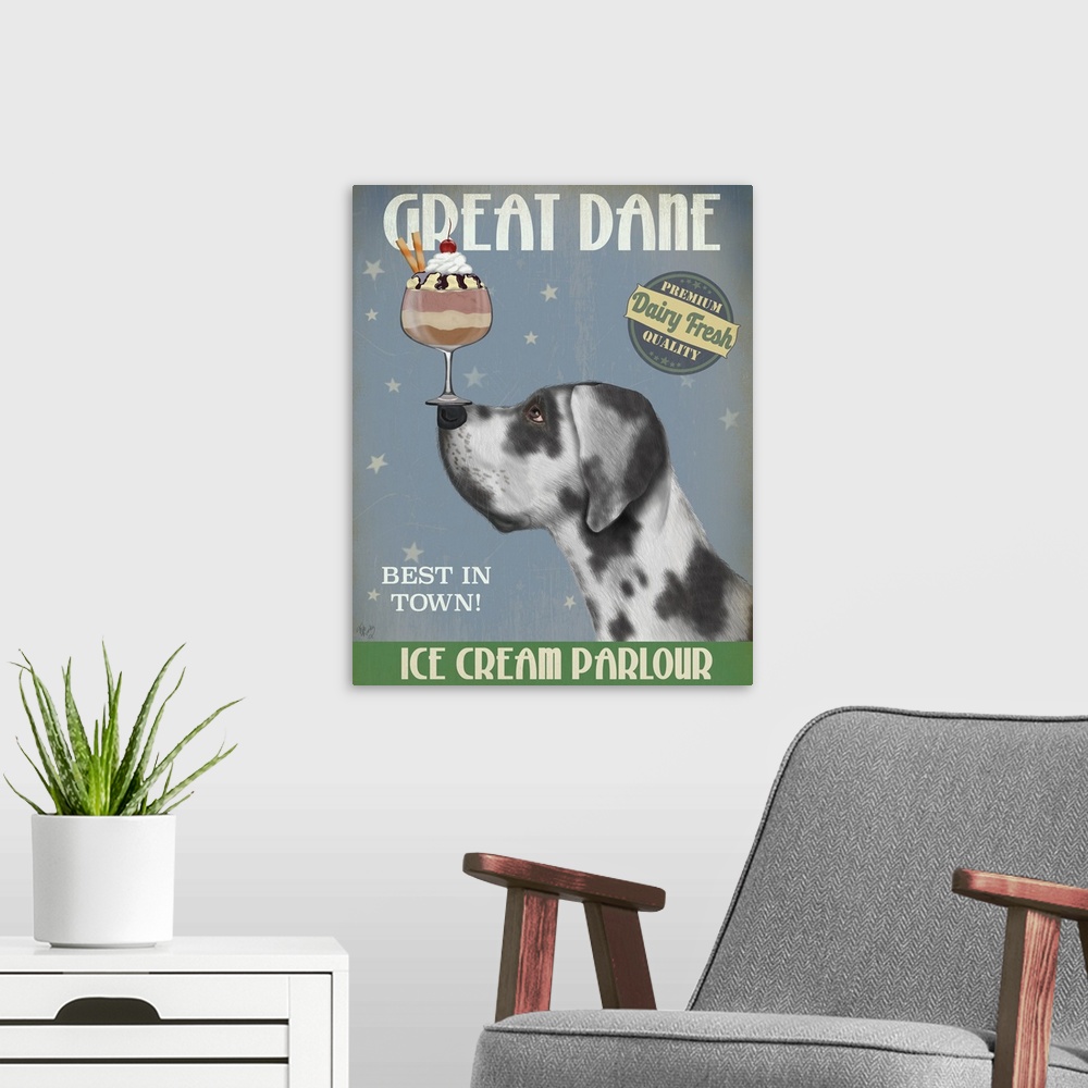 A modern room featuring Decorative artwork of a Great Dane balancing an ice cream sundae on its nose in an advertisement ...